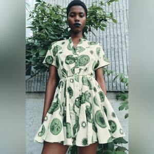K1. Zara Tan and Green Tarot Print Sun Cotton Mini Dress